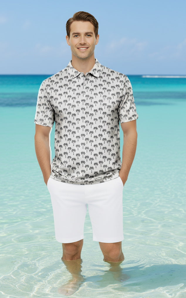 HAPPY BAY Palm Tree White Mens Golf Polo Shirt P10334