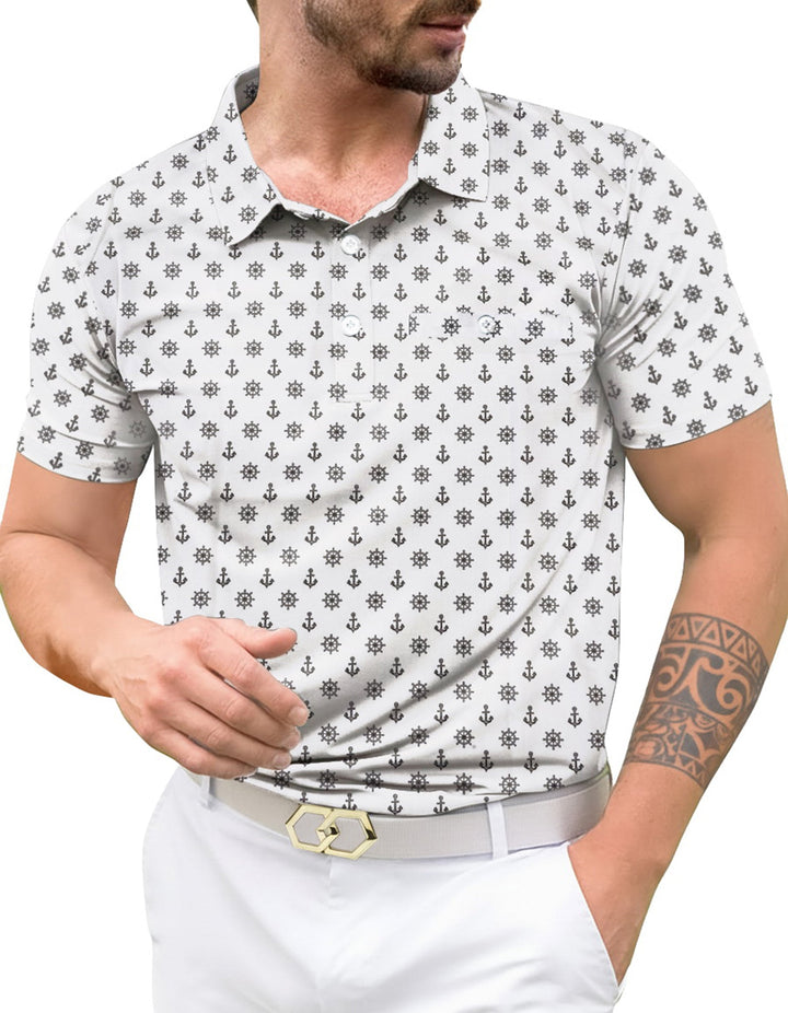 HAPPY BAY White_Black Anchor White Mens Golf Polo Shirt P10335