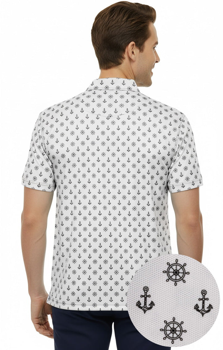 HAPPY BAY White_Black Anchor White Mens Golf Polo Shirt P10335