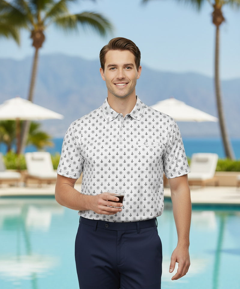 HAPPY BAY White_Black Anchor White Mens Golf Polo Shirt P10335