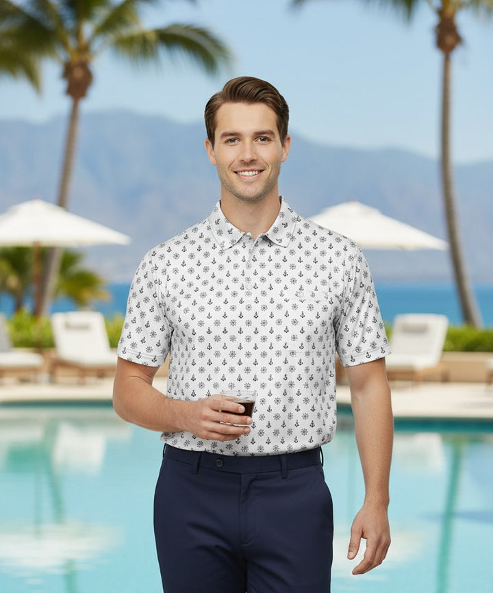 HAPPY BAY White_Black Anchor White Mens Golf Polo Shirt P10335