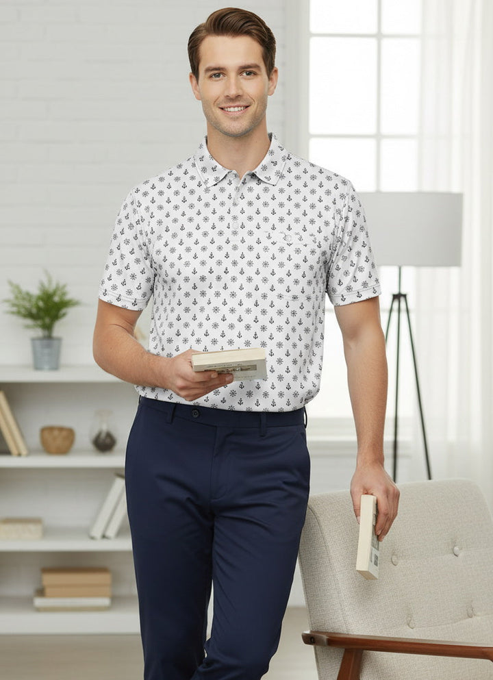 HAPPY BAY White_Black Anchor White Mens Golf Polo Shirt P10335