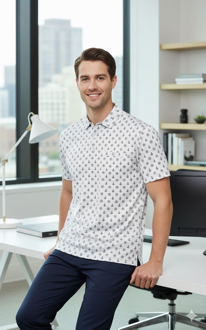HAPPY BAY White_Black Anchor White Mens Golf Polo Shirt P10335
