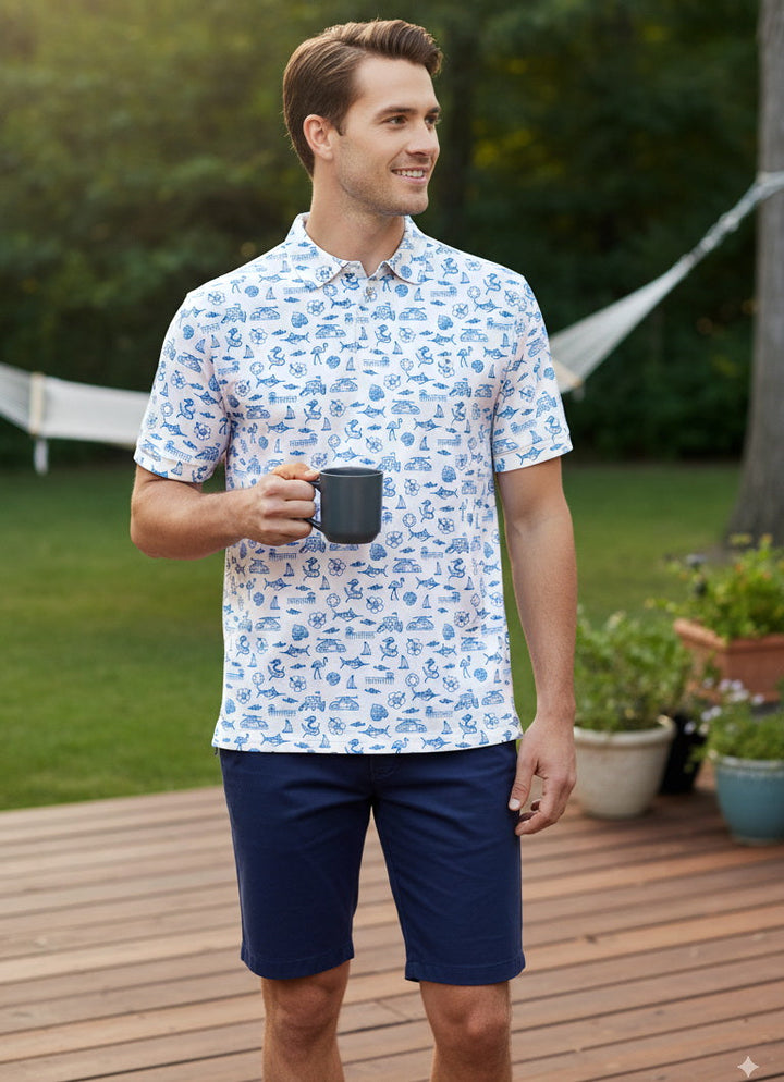 HAPPY BAY Boat Blue Mens Golf Polo Shirt P10336