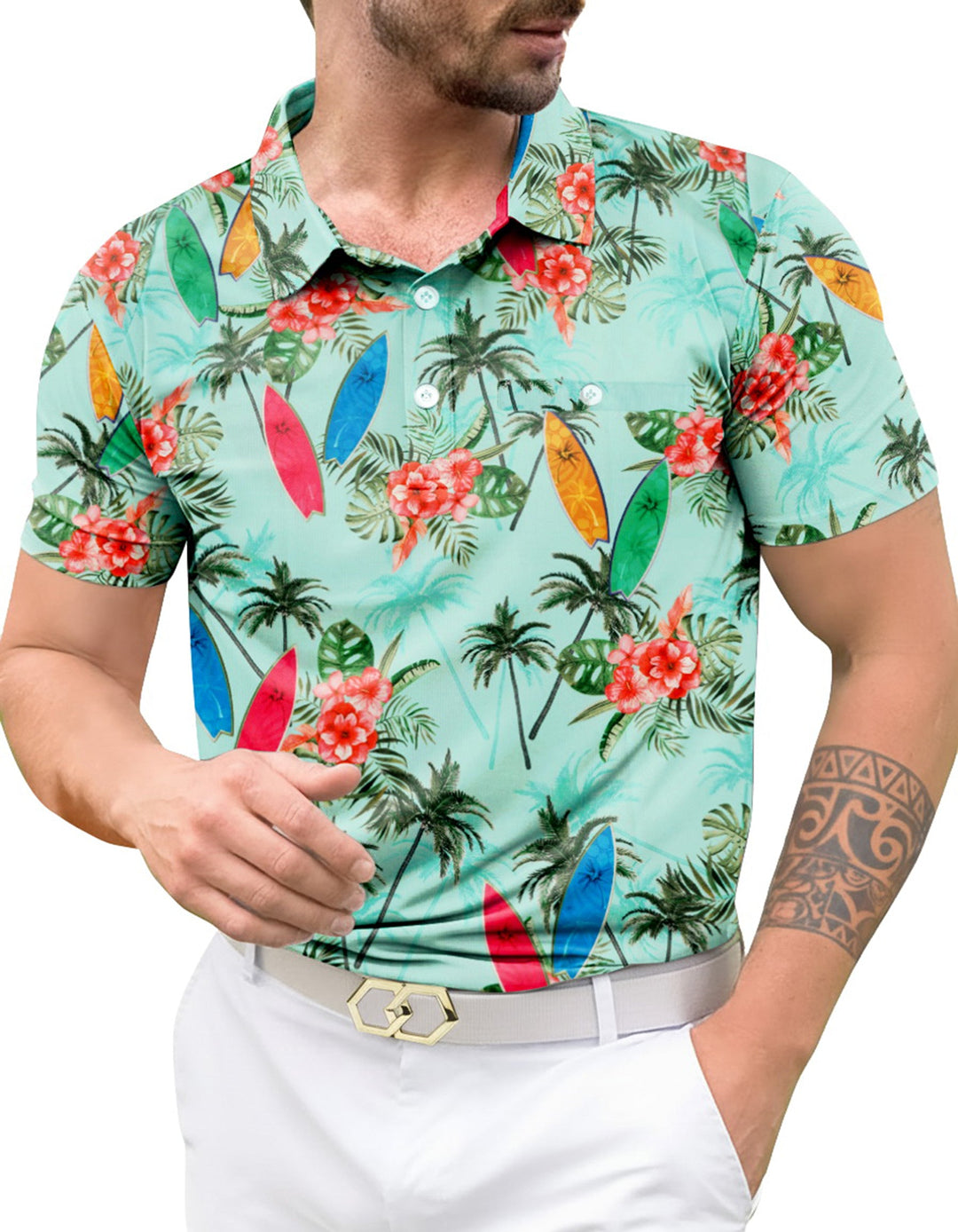 HAPPY BAY Floral Green Mens Golf Polo Shirt P10338