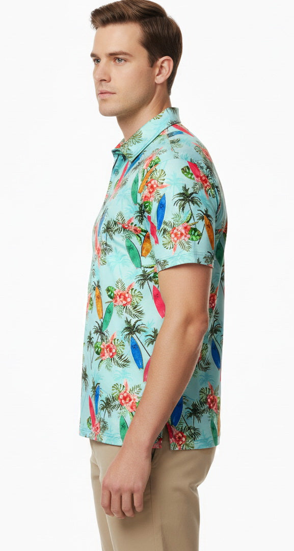 HAPPY BAY Floral Green Mens Golf Polo Shirt P10338