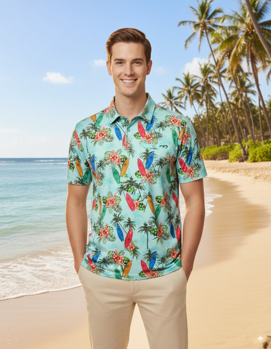 HAPPY BAY Floral Green Mens Golf Polo Shirt P10338