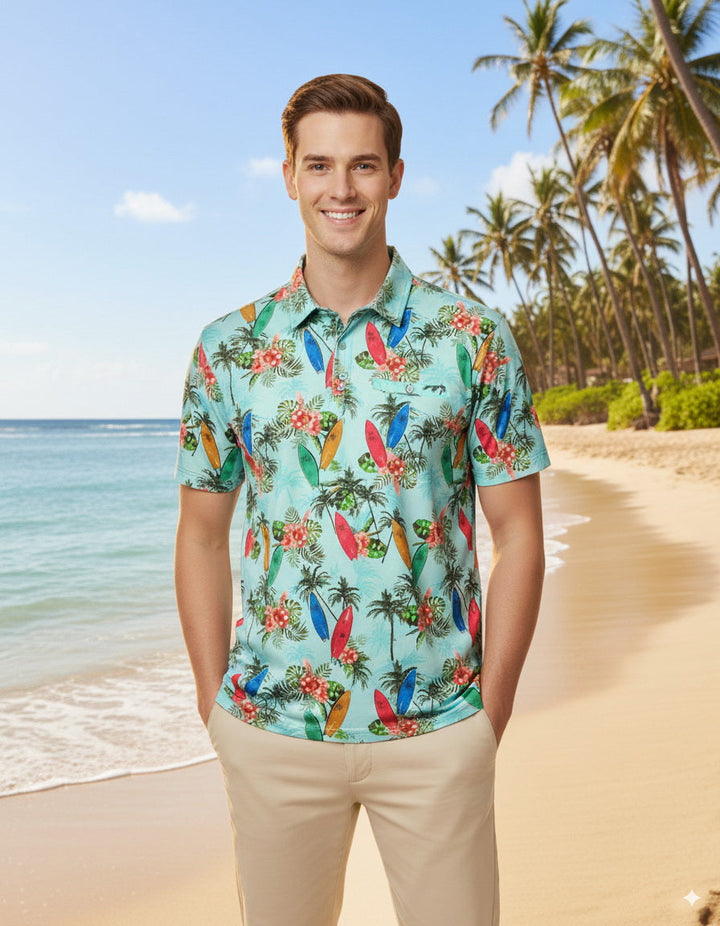 HAPPY BAY Floral Green Mens Golf Polo Shirt P10338