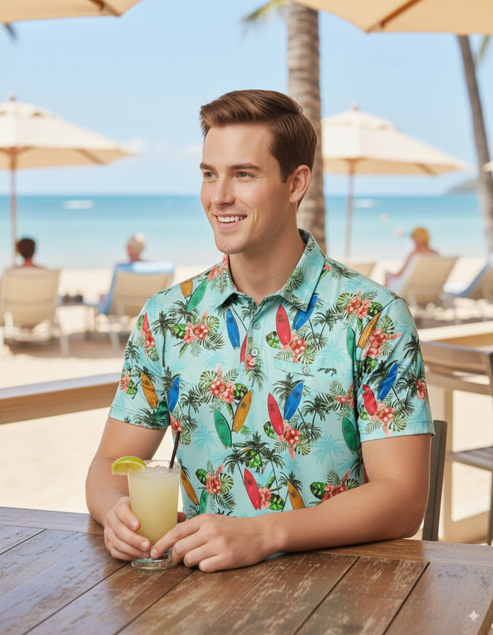 HAPPY BAY Floral Green Mens Golf Polo Shirt P10338