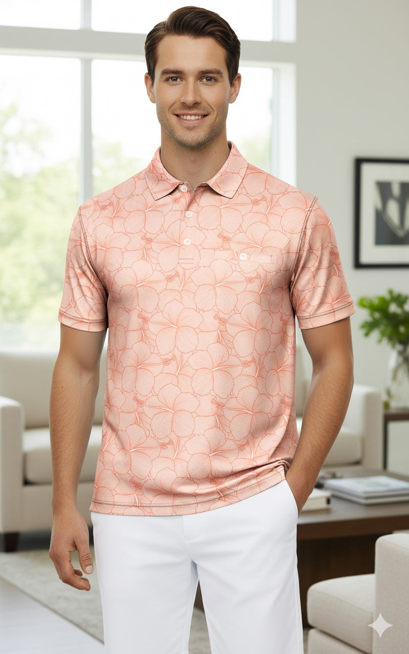 HAPPY BAY Floral Coral Mens Golf Polo Shirt P10340
