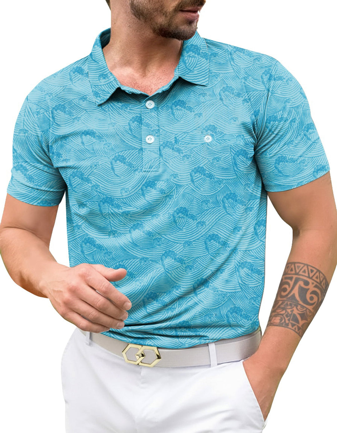 HAPPY BAY Waves Blue Mens Golf Polo Shirt P10341