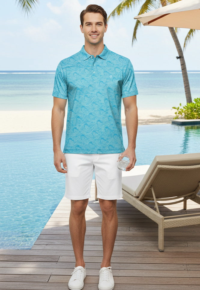 HAPPY BAY Waves Blue Mens Golf Polo Shirt P10341
