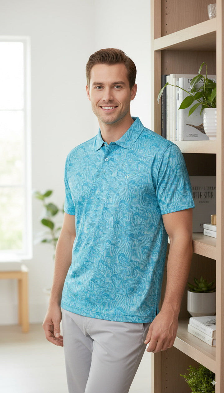 HAPPY BAY Waves Blue Mens Golf Polo Shirt P10341