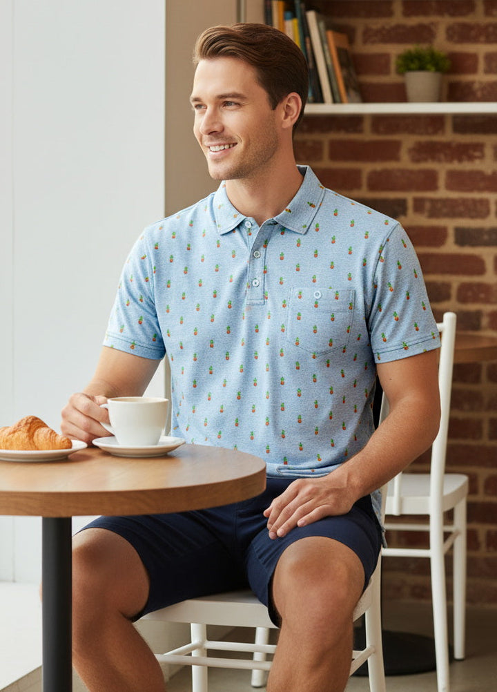 HAPPY BAY Pineapple Blue Mens Golf Polo Shirt P10342