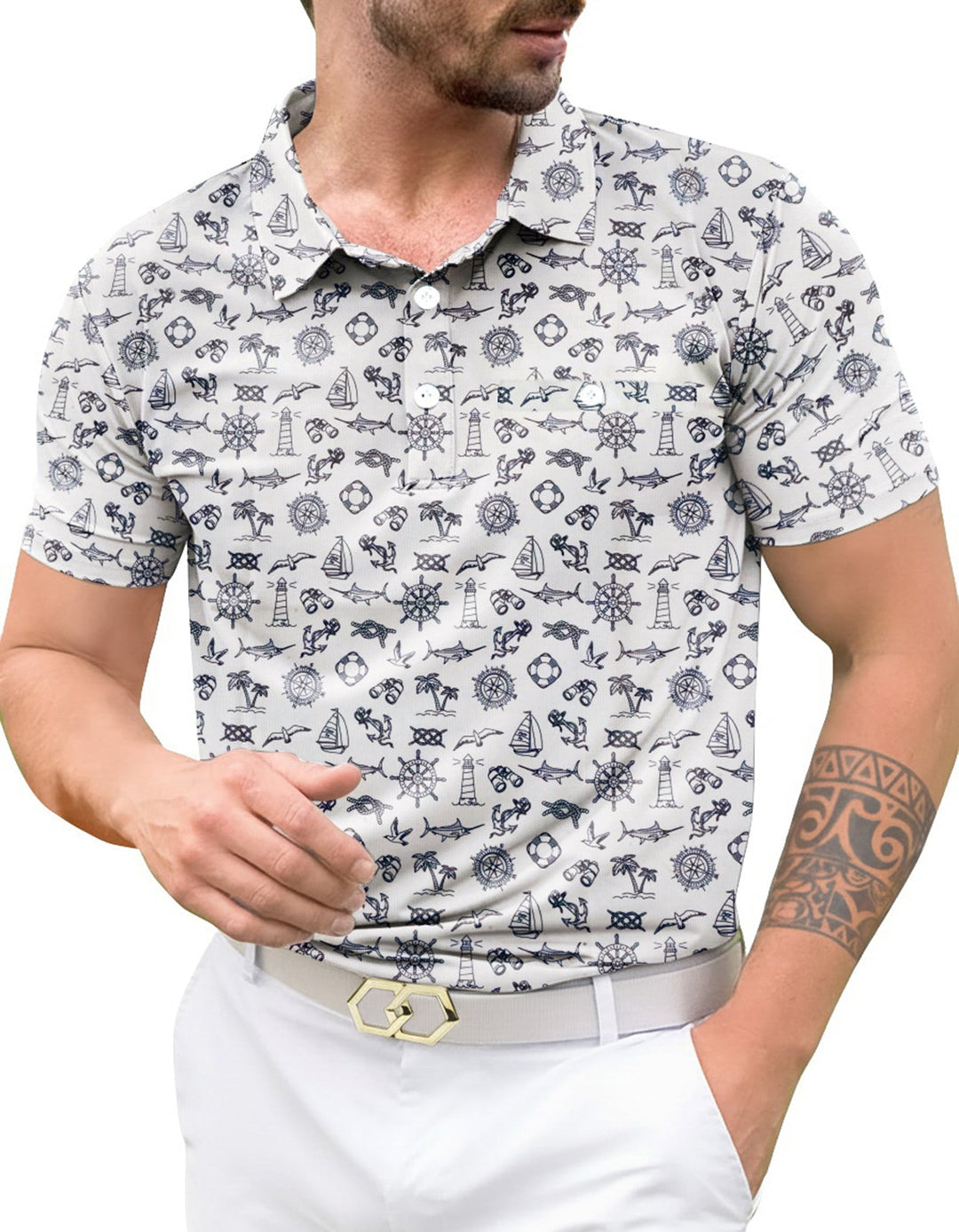 HAPPY BAY Fish White Mens Golf Polo Shirt P10344