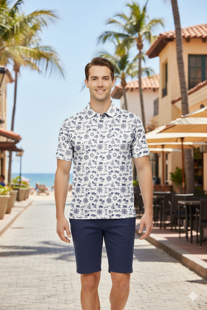 HAPPY BAY Fish White Mens Golf Polo Shirt P10344