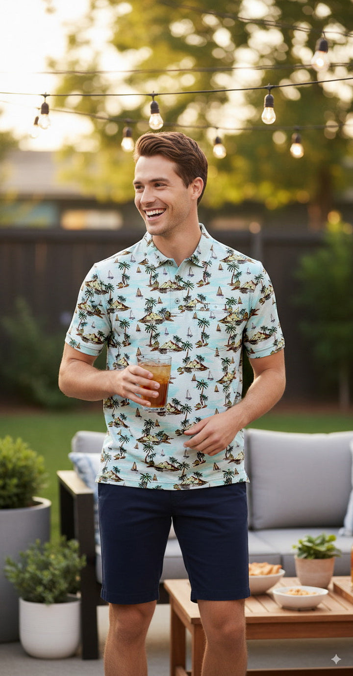 HAPPY BAY Beach Theme Blue Mens Golf Polo Shirt P10345