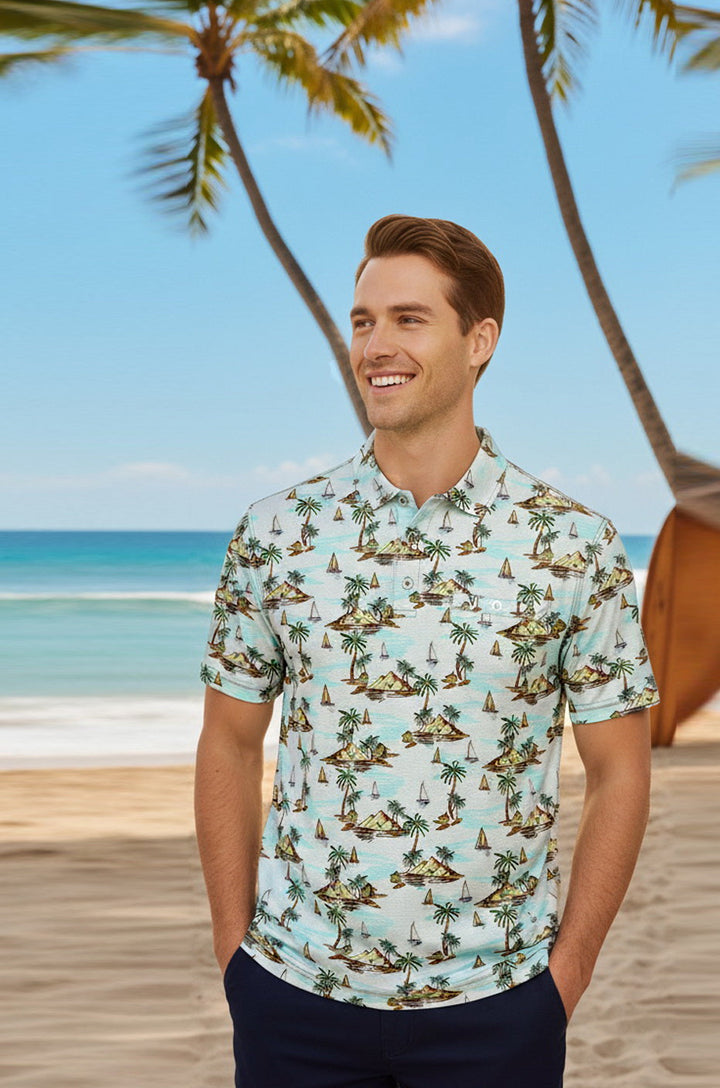 HAPPY BAY Beach Theme Blue Mens Golf Polo Shirt P10345