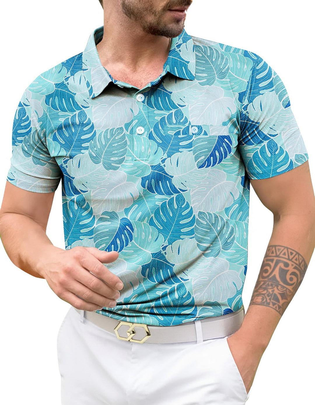 HAPPY BAY Monstera Leaf Blue Mens Golf Polo Shirt P10346