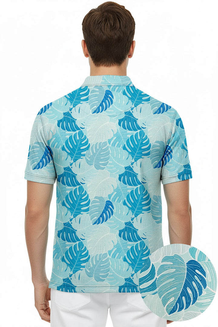 HAPPY BAY Monstera Leaf Blue Mens Golf Polo Shirt P10346