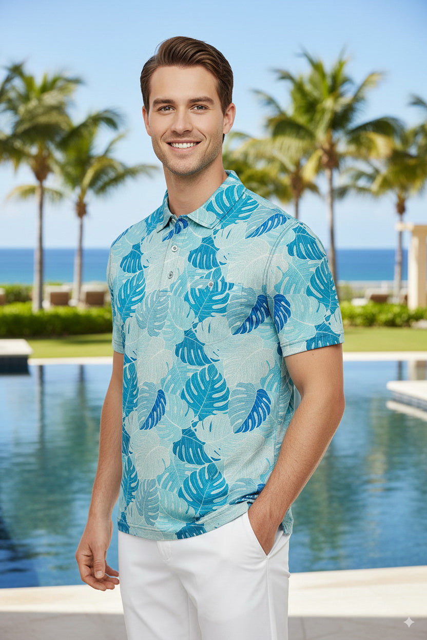 HAPPY BAY Monstera Leaf Blue Mens Golf Polo Shirt P10346