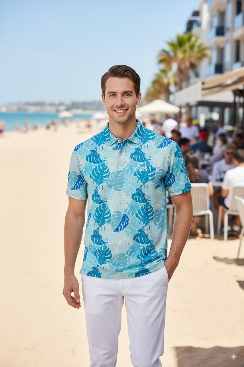 HAPPY BAY Monstera Leaf Blue Mens Golf Polo Shirt P10346