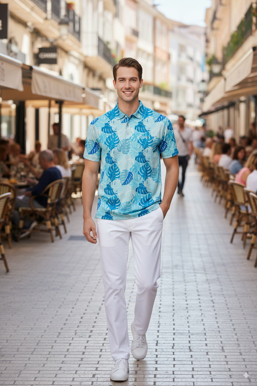 HAPPY BAY Monstera Leaf Blue Mens Golf Polo Shirt P10346