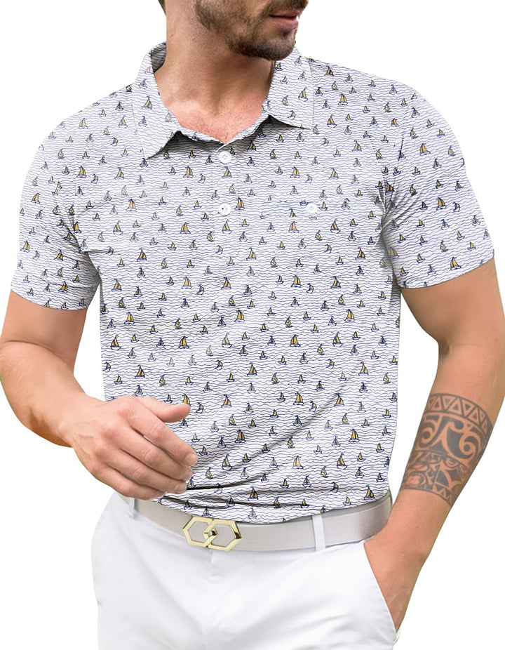 HAPPY BAY Boat White Mens Golf Polo Shirt P10347