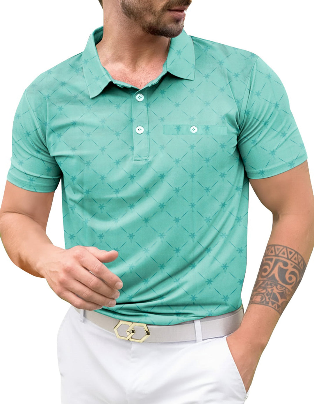 HAPPY BAY Palm Tree Green Mens Golf Polo Shirt P10348