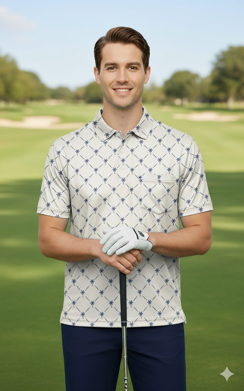 HAPPY BAY Palm Tree Blue Mens Golf Polo Shirt P10349