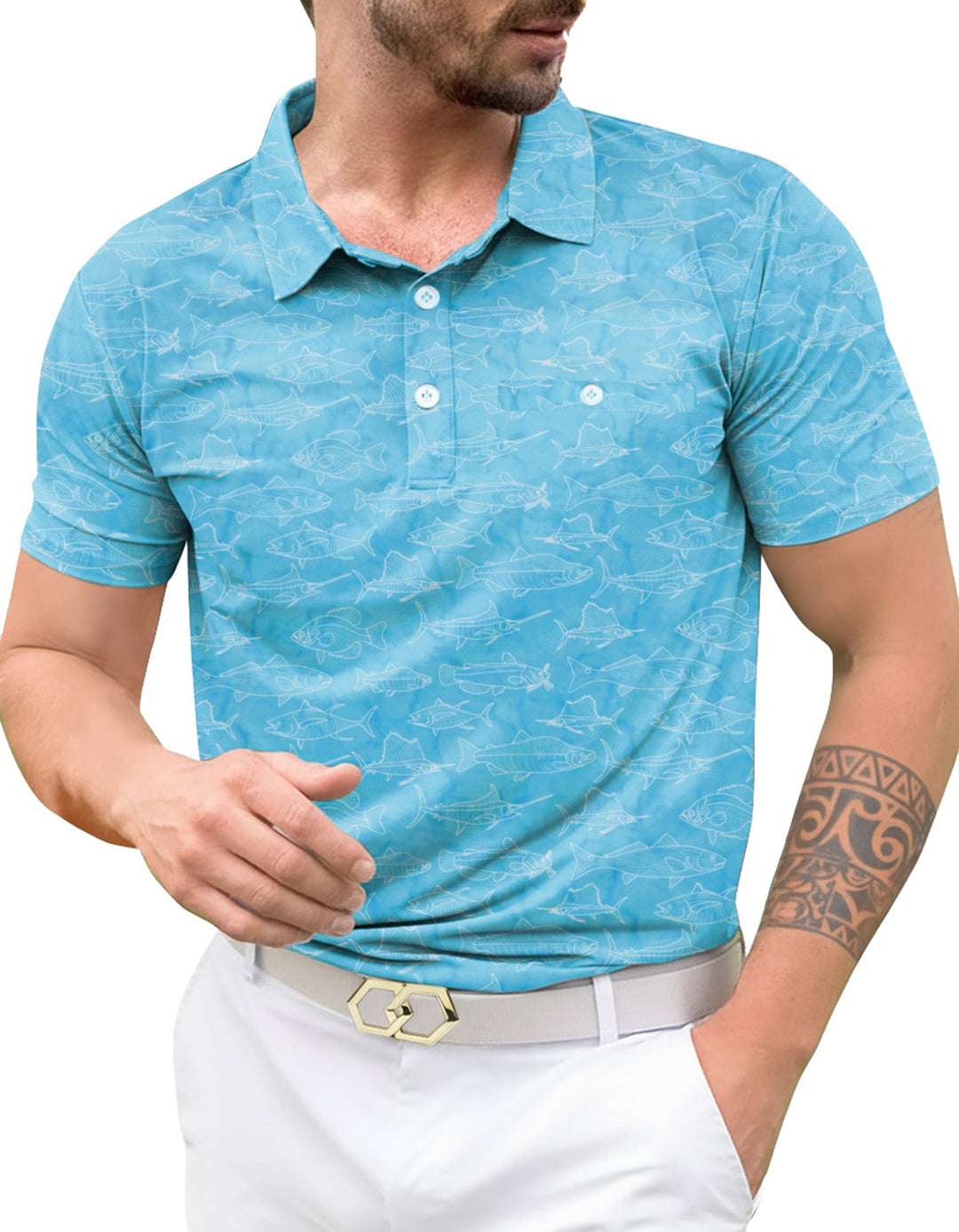 HAPPY BAY Fish Blue Mens Golf Polo Shirt P10351