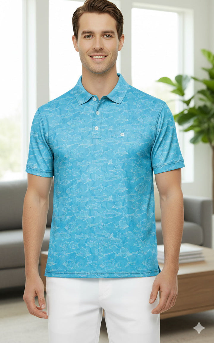 HAPPY BAY Fish Blue Mens Golf Polo Shirt P10351
