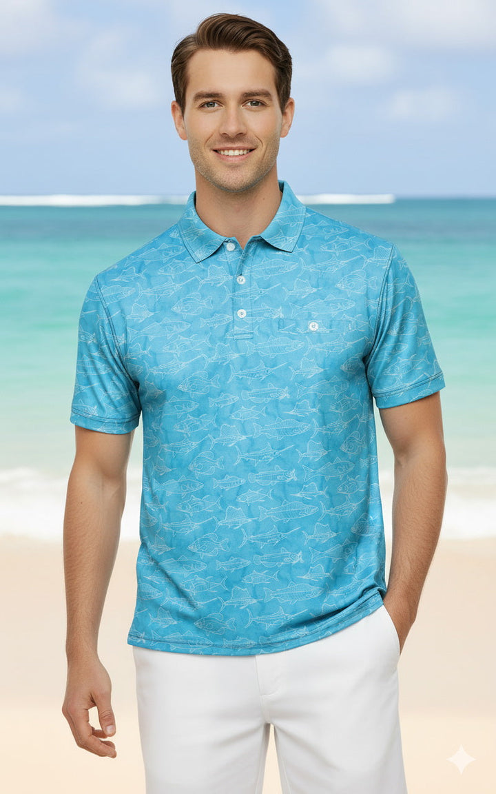 HAPPY BAY Fish Blue Mens Golf Polo Shirt P10351