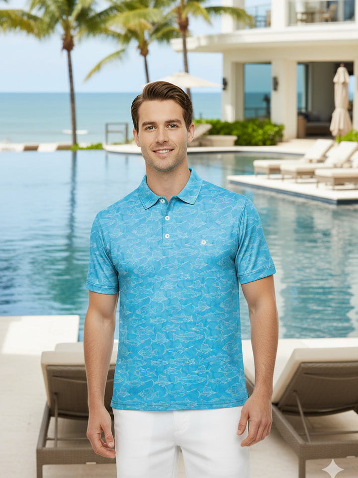 HAPPY BAY Fish Blue Mens Golf Polo Shirt P10351