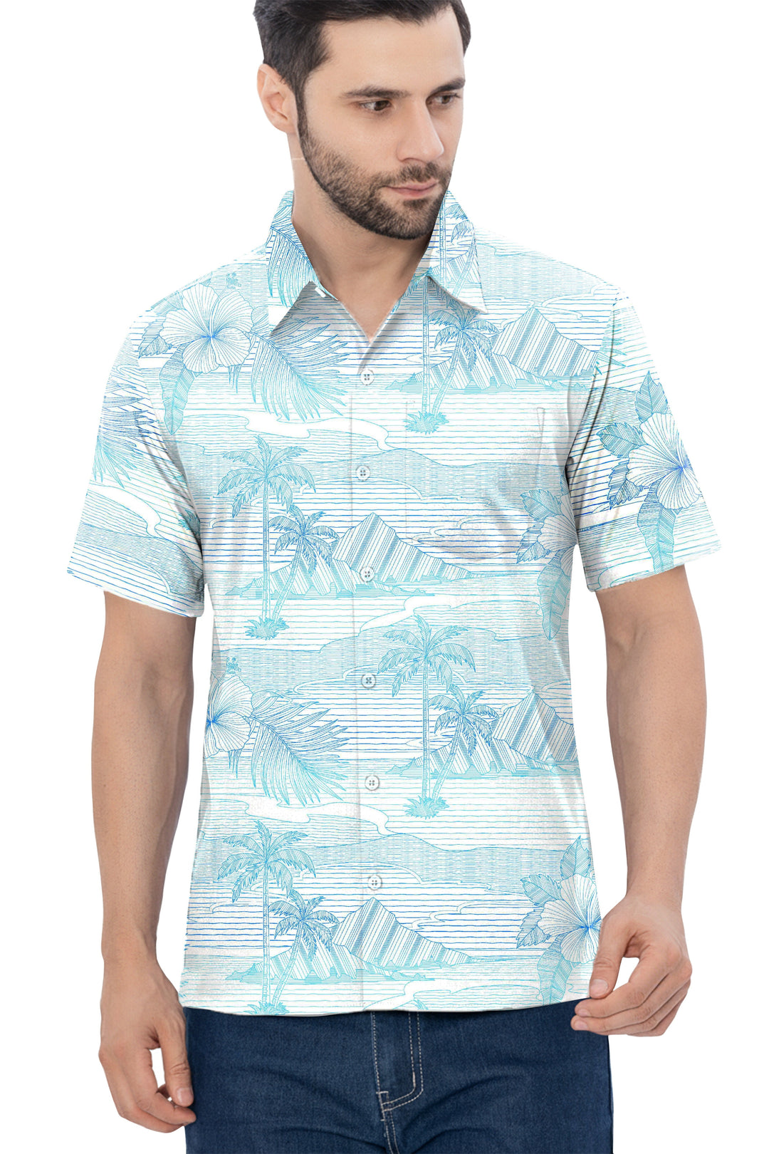 Happy Bay Mens Hawaiian Shirts Blue Palm Tree P10371