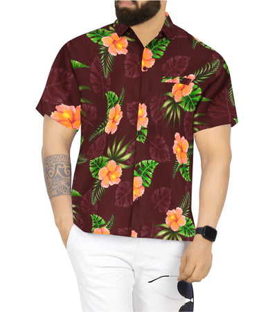 HAPPY BAY Men's Hawaiian Shirt - Tropical Aloha Print, Apricot Fruit Basket Design, Lightweight Holiday Wear
